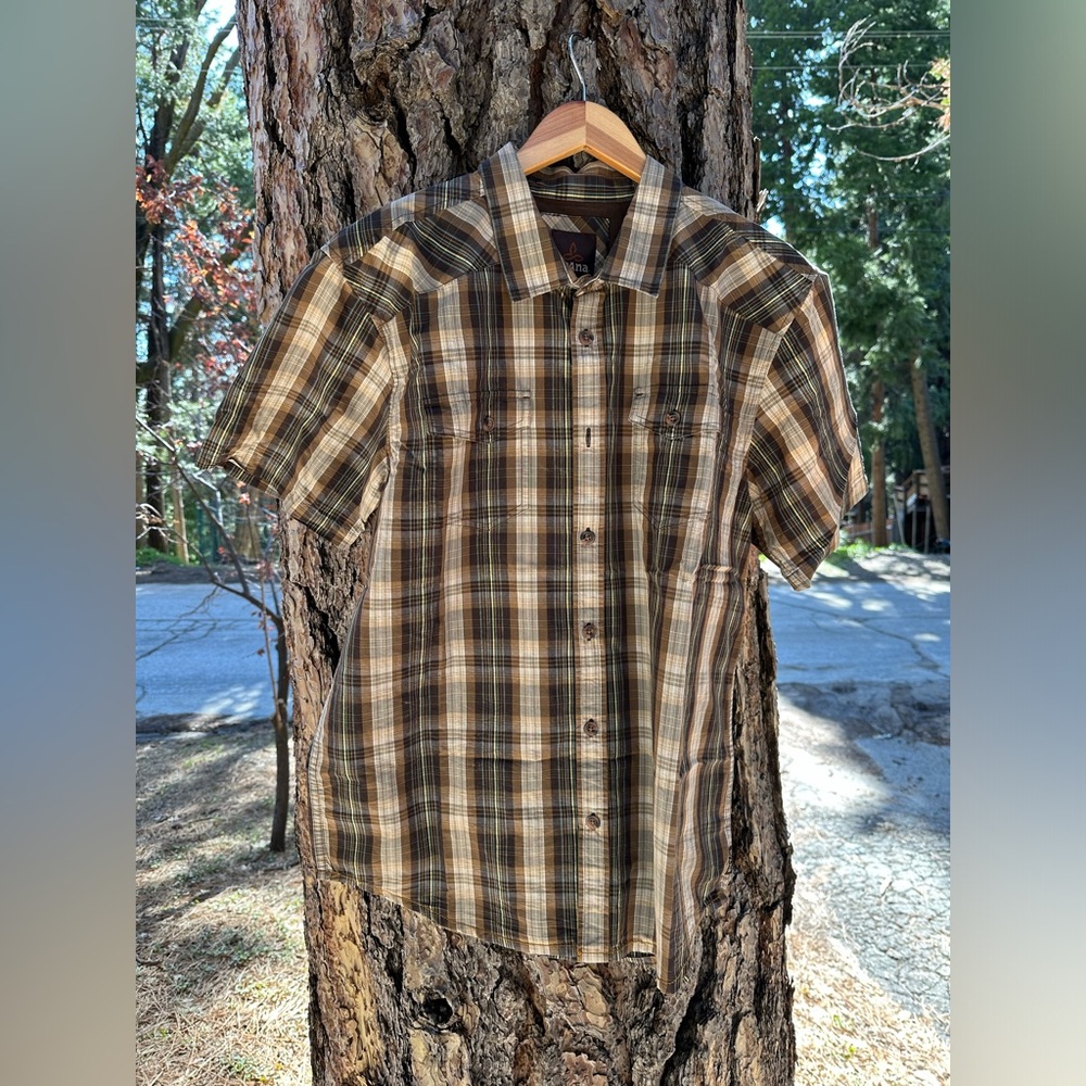 PrAna Men’s Button Down Plaid Brown T-Shirt XL